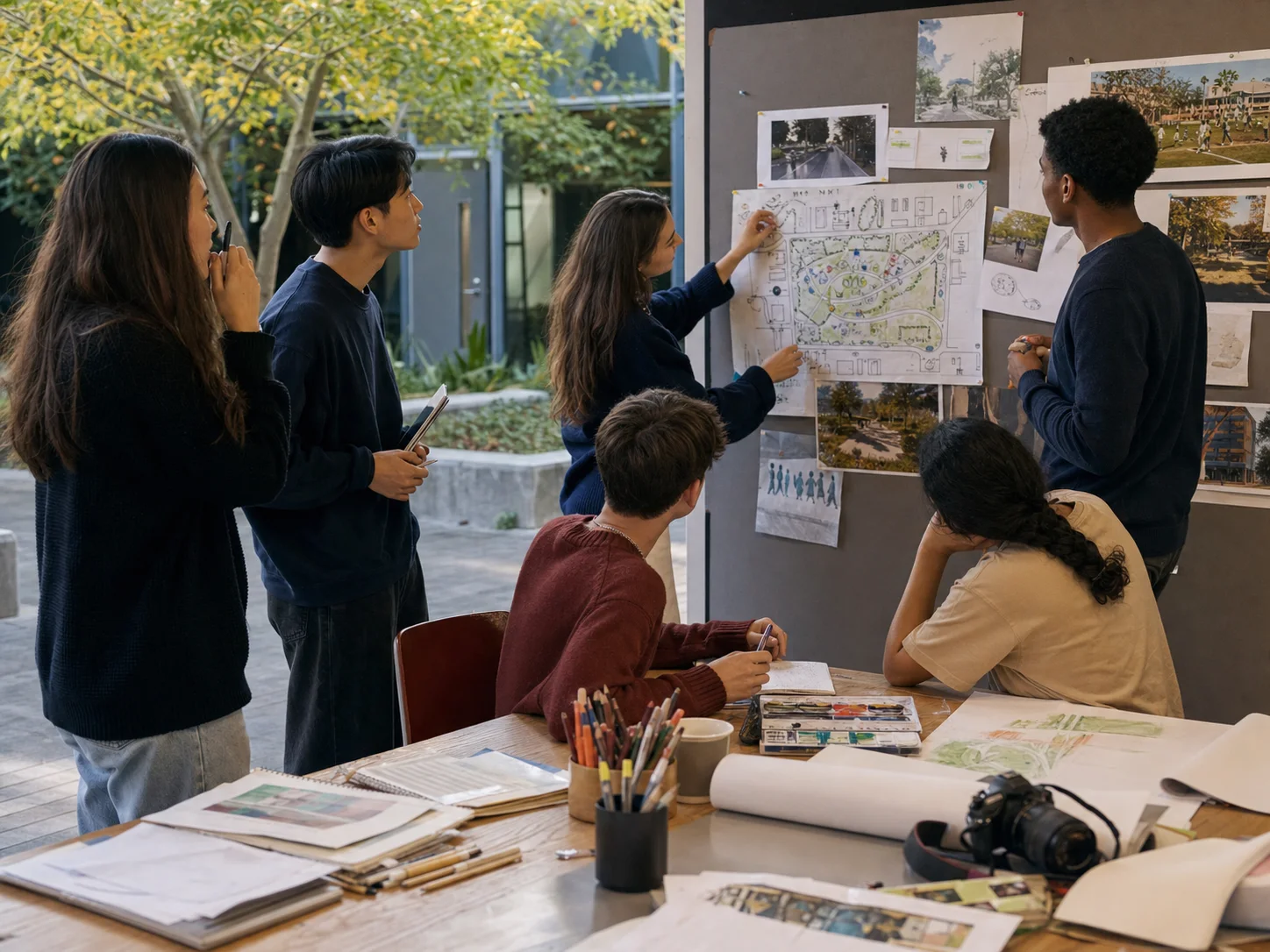 Estudantes planejando um projeto criativo de impacto comunitário