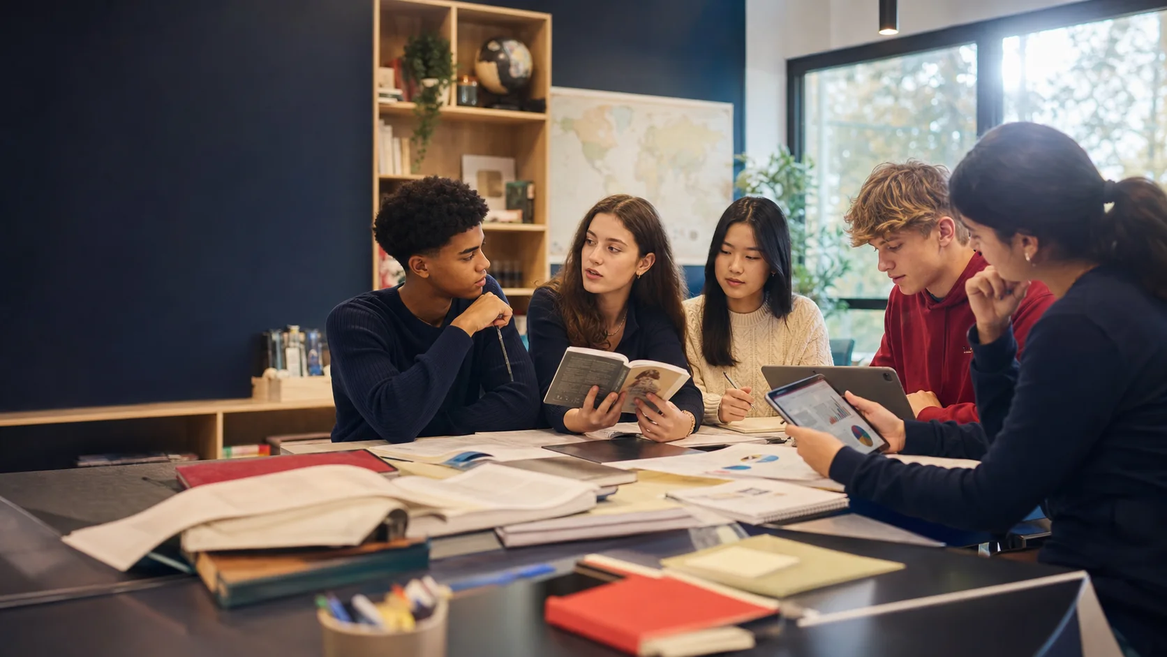 Estudantes do ensino médio colaborando em um projeto interdisciplinar