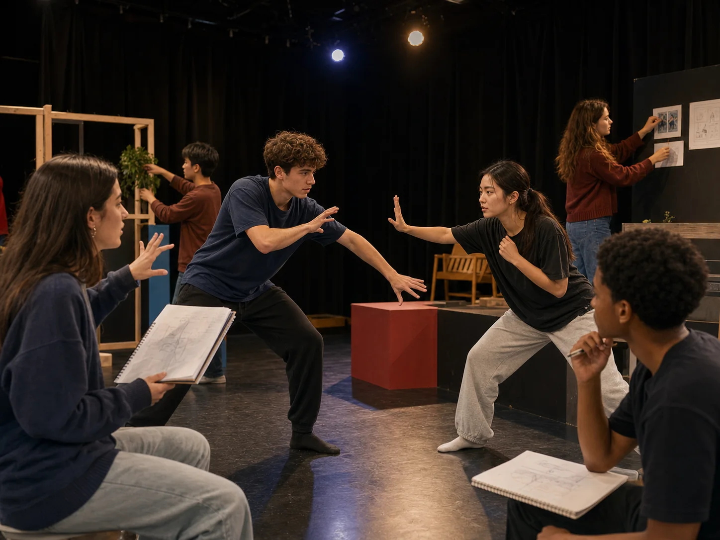 Estudantes desenvolvendo uma cena em um ensaio de teatro
