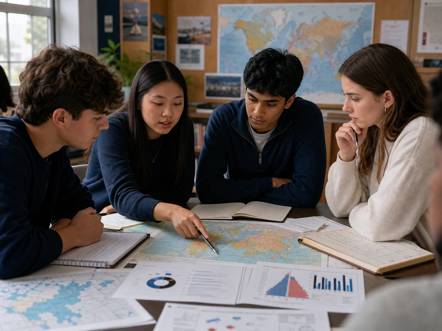Estudantes analisando mapas e dados sobre diferentes sociedades