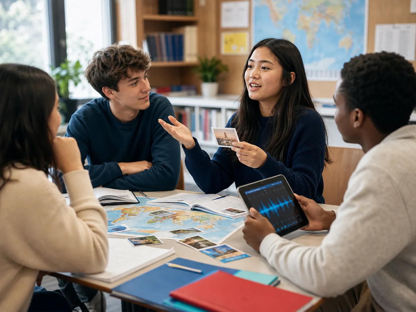 Estudantes praticando uma segunda língua em uma atividade colaborativa