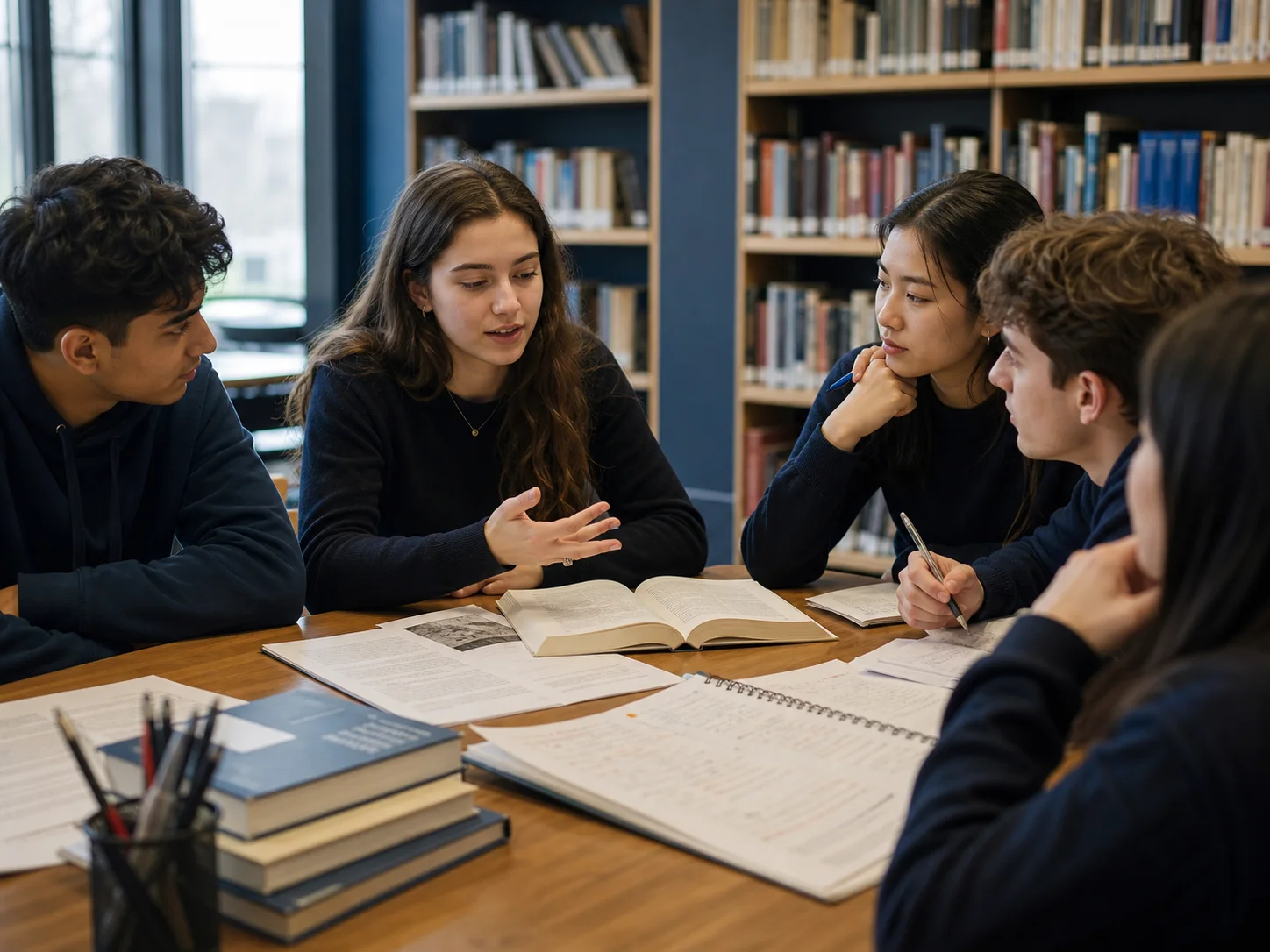 Estudantes discutindo literatura e analisando diferentes textos