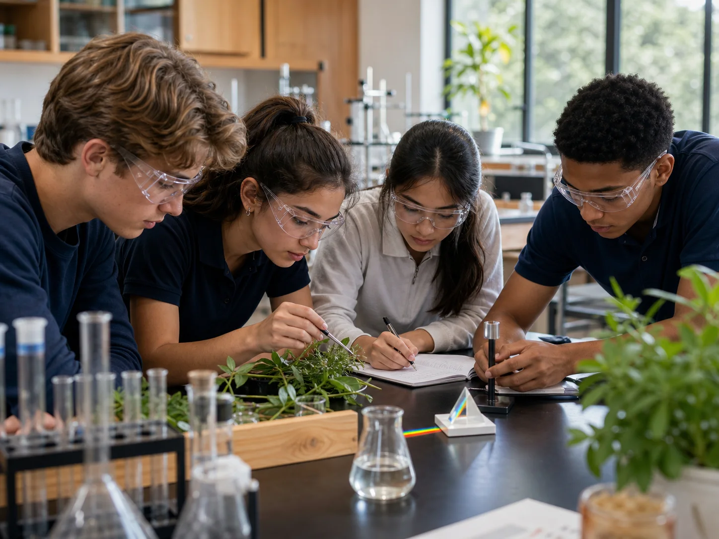 Estudantes realizando uma investigação de biologia e física